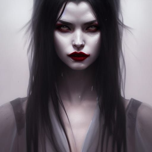Vampire Portrait with Long Black Hair in Hyperdetailed Style
