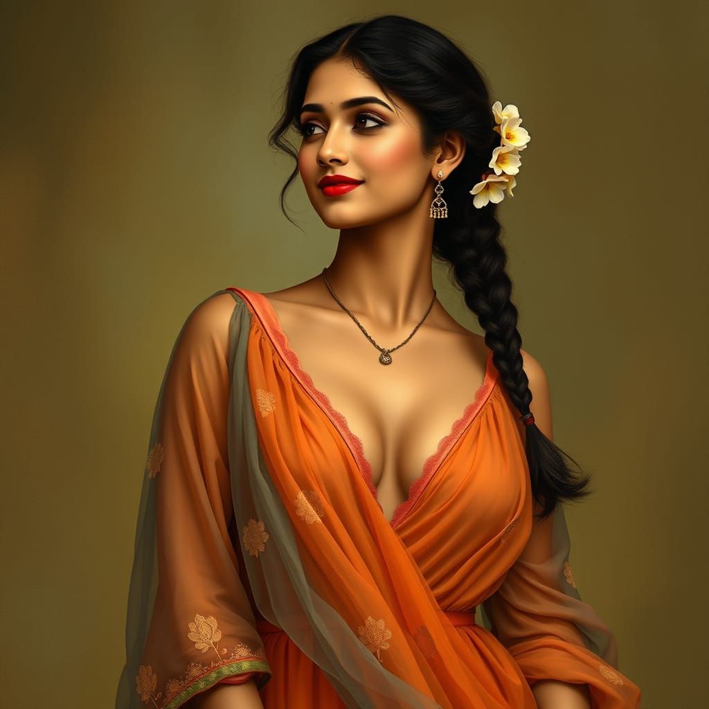 Romantic Indian Woman with Jasmine Flowers