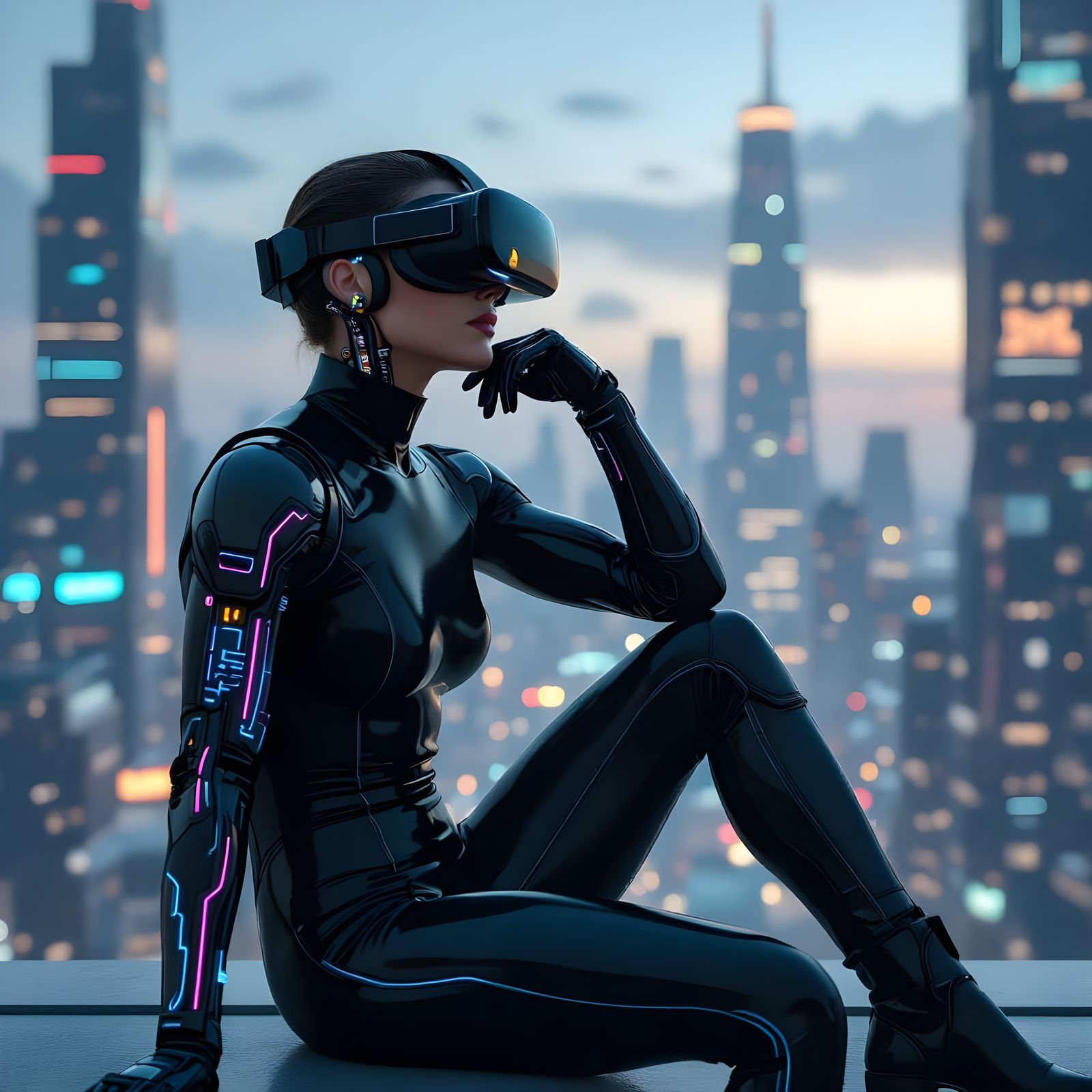 Futuristic Cybernetic Man Poses Like Rodin's Thinker