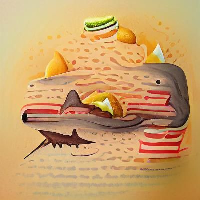 Shark Eats Cheeseburger Whimsical Illustration