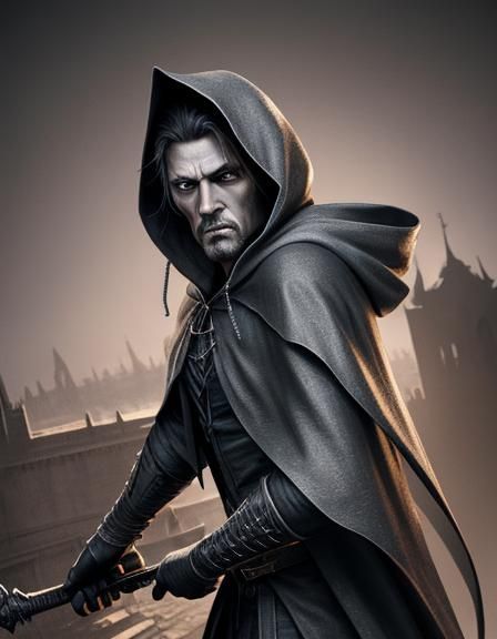 Hooded Assassin on Rooftop in Moonlight