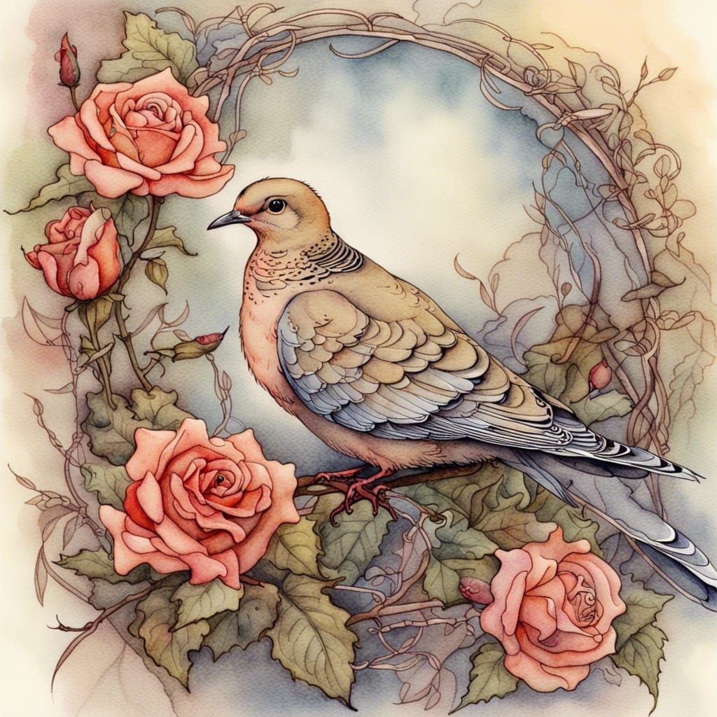 Mourning Dove Among Roses in Watercolor Style