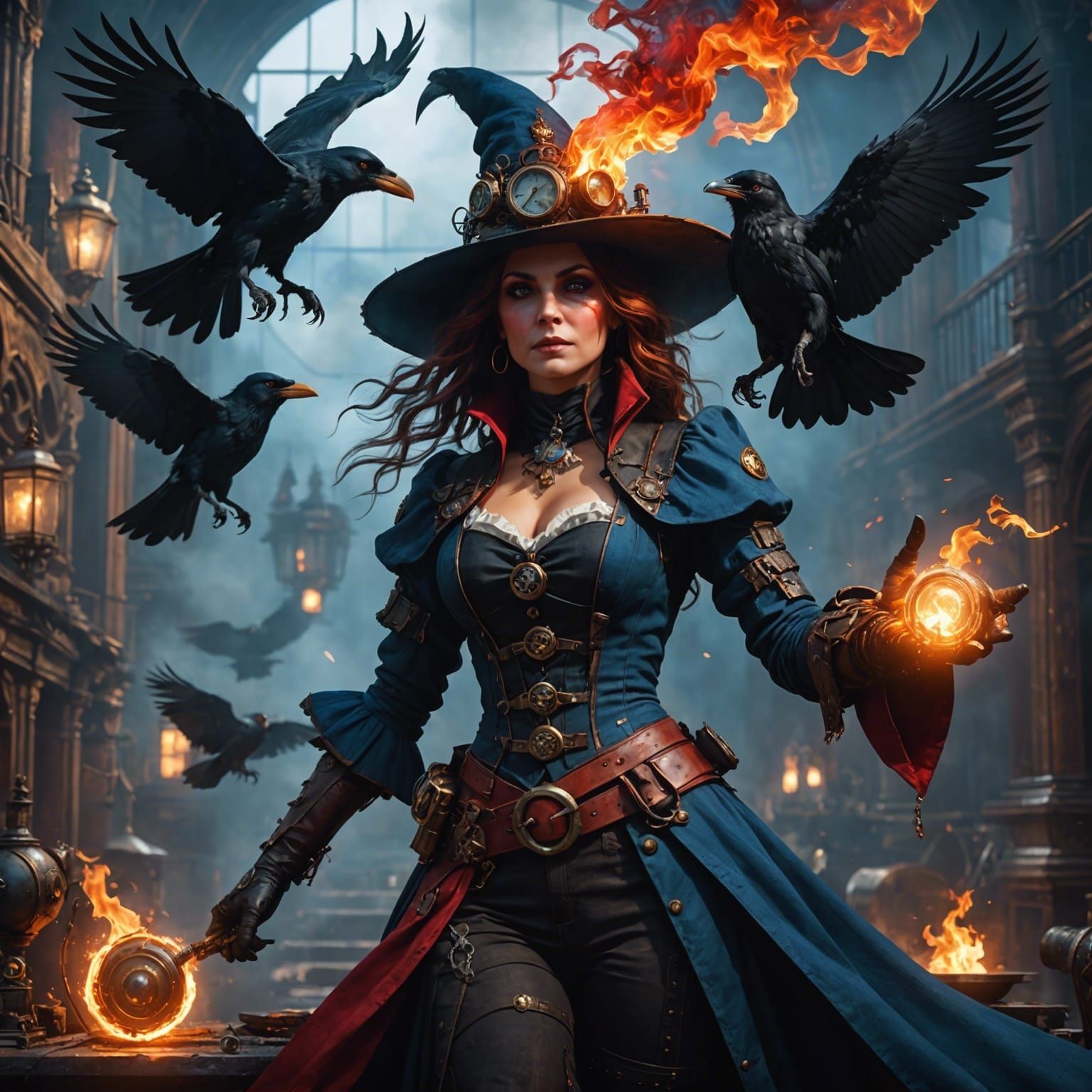 Steampunk Witch with Crow in Dynamic Lighting
