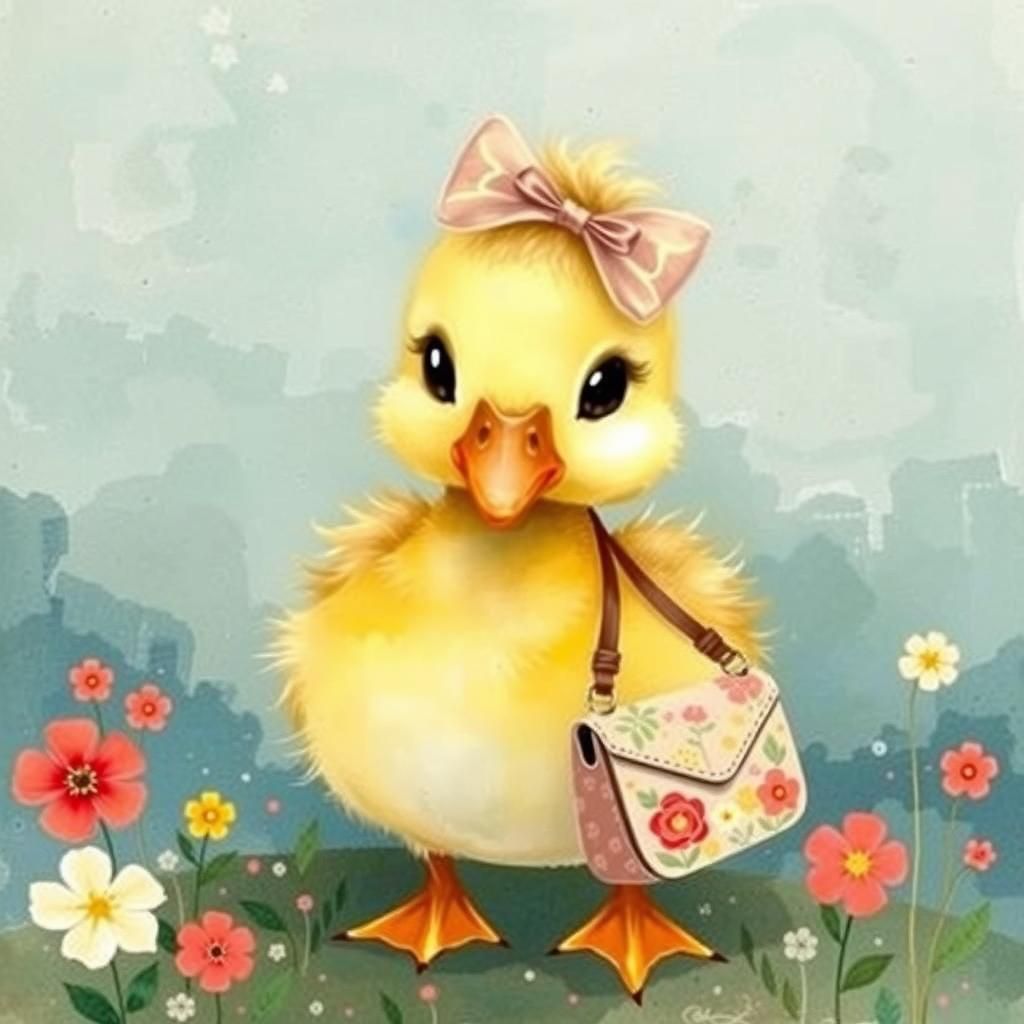 Whimsical Duck with Purse in Folk Art Style