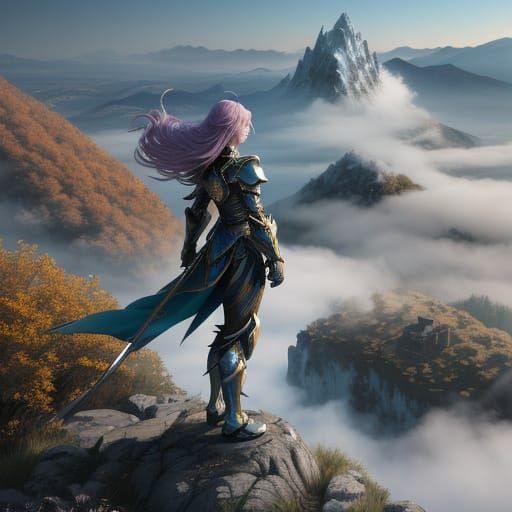 Vibrant Anime Warrior on Misty Mountain Peak