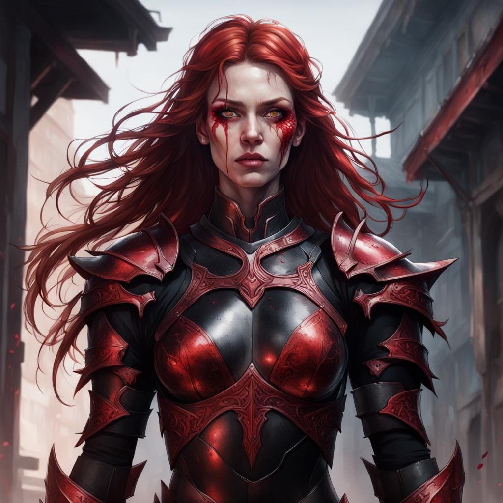 Demonic Woman in Red Armor, Digital Art Portrait