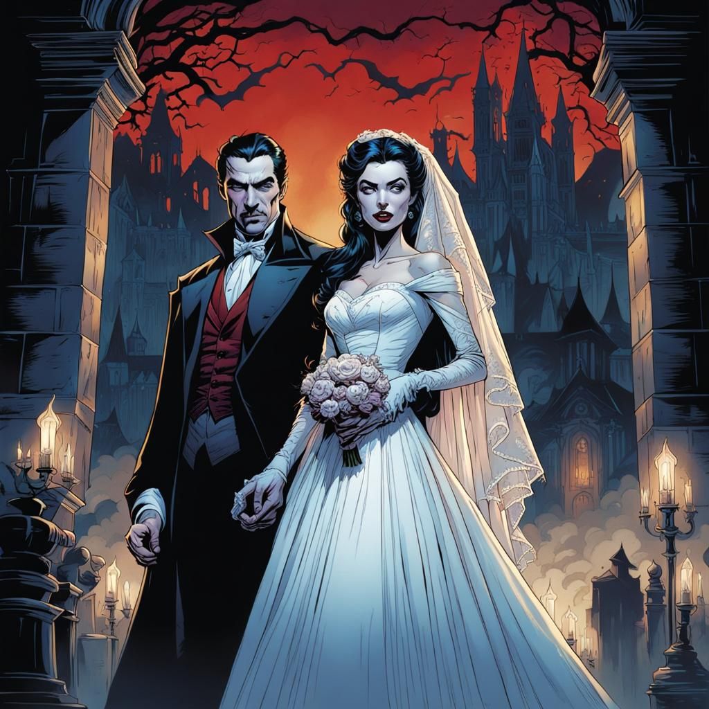 Dracula and Brides in Comic Book Art Style