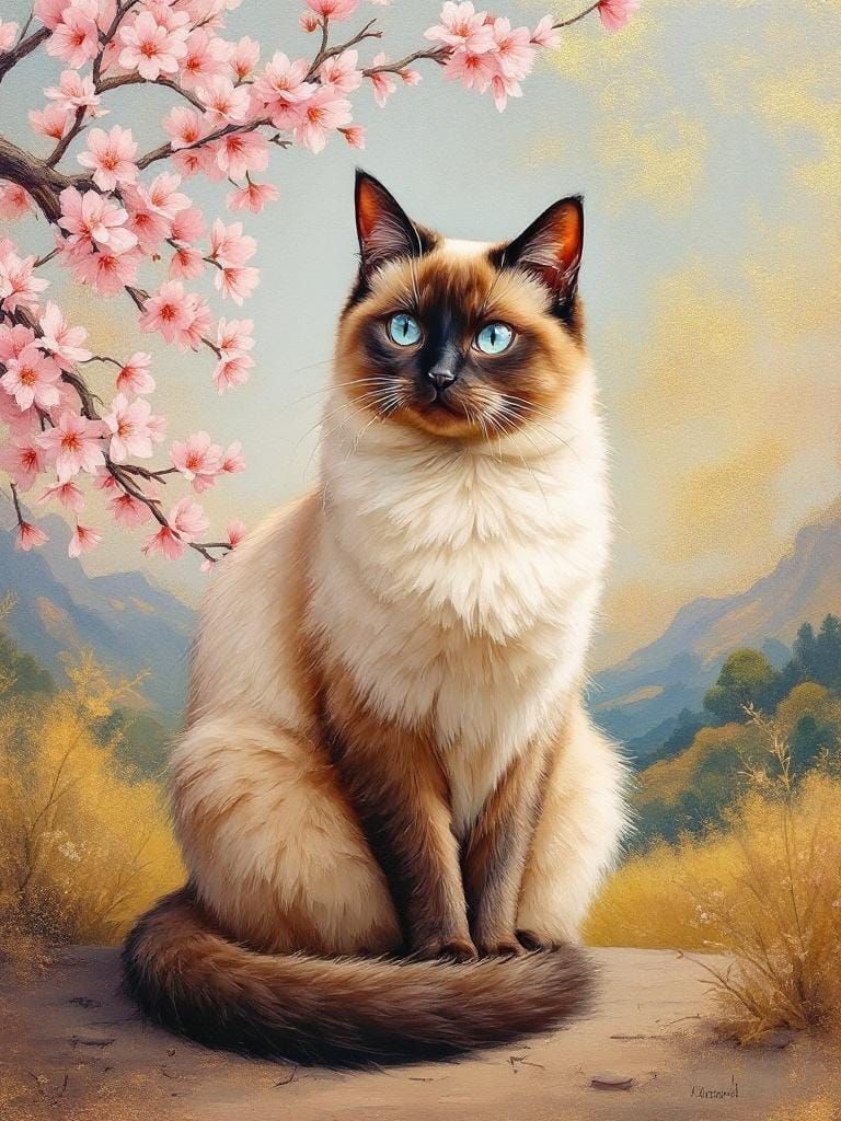 Elegant Siamese Cat Oil Painting with Blossoms