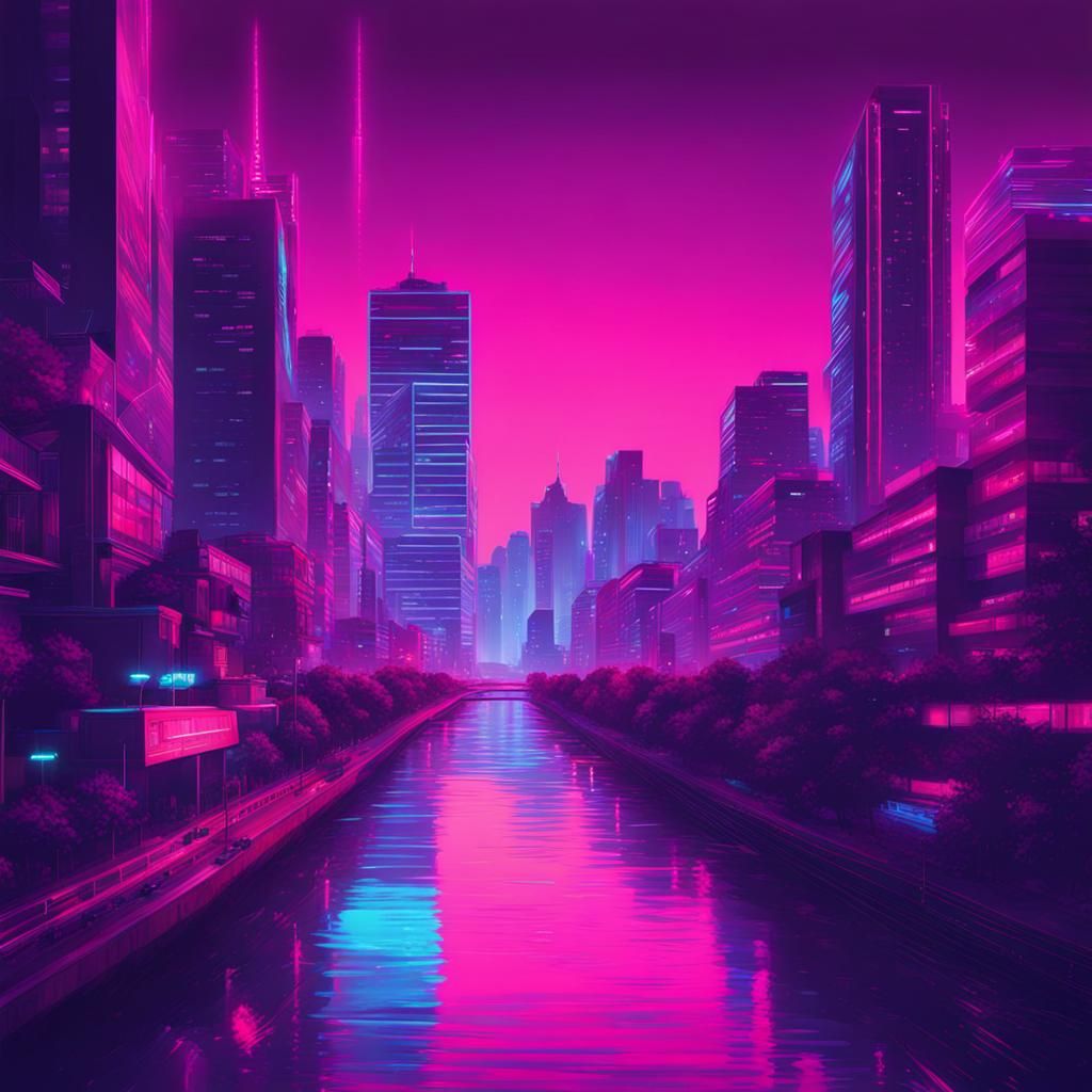 Synthwave River Runs Through Neon City