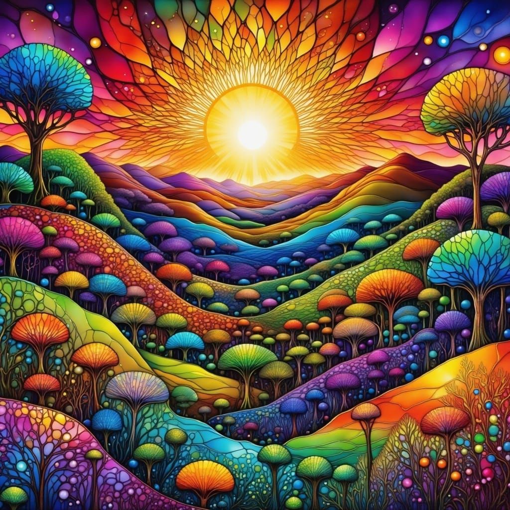 Sunrise in Vibrant Fantasy Realm with Intricate Patterns and...