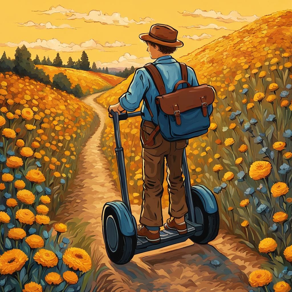 Boy Rides Segway Through Vibrant Marigold Field