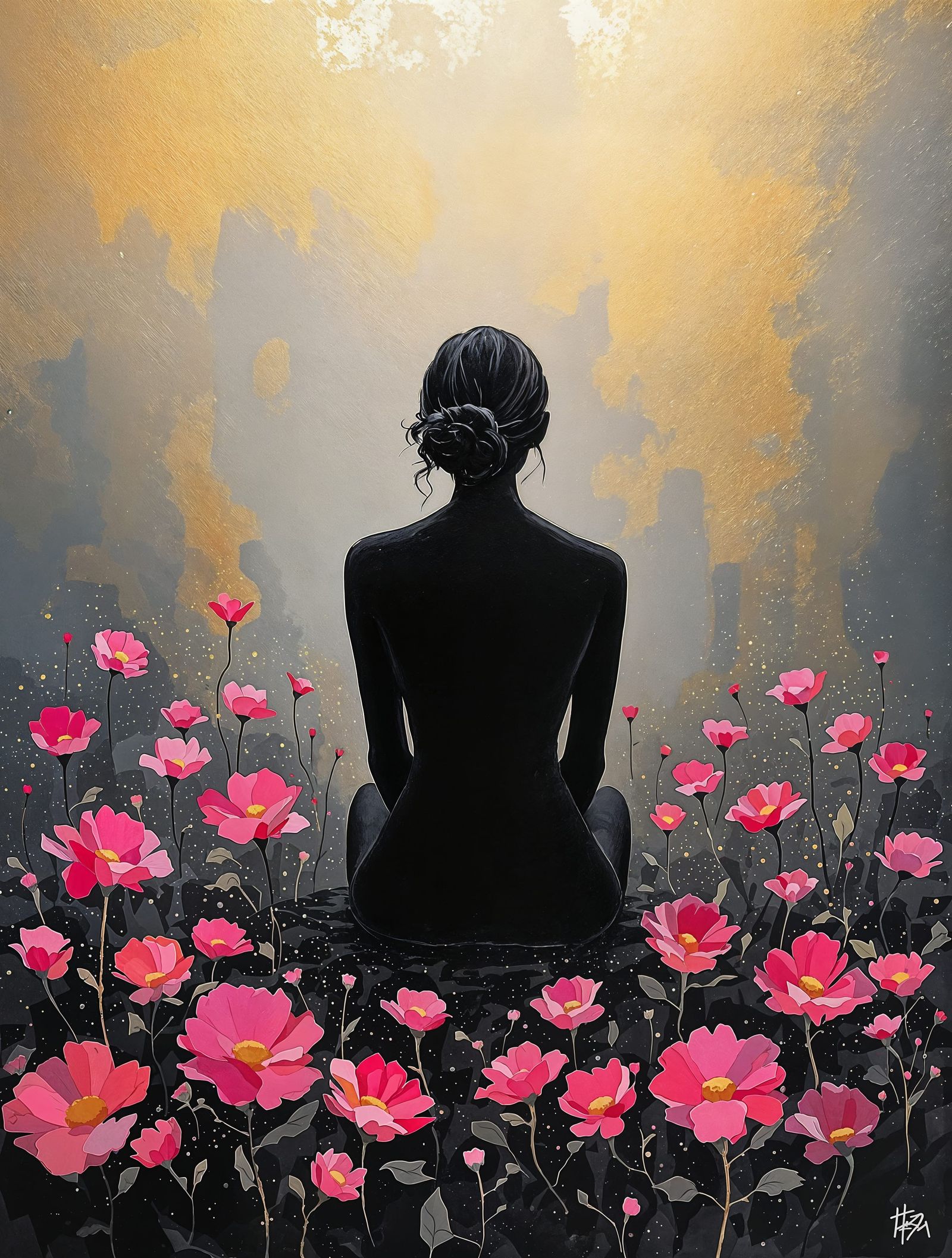 Impressionistic Woman Contemplation with Golden Flowers