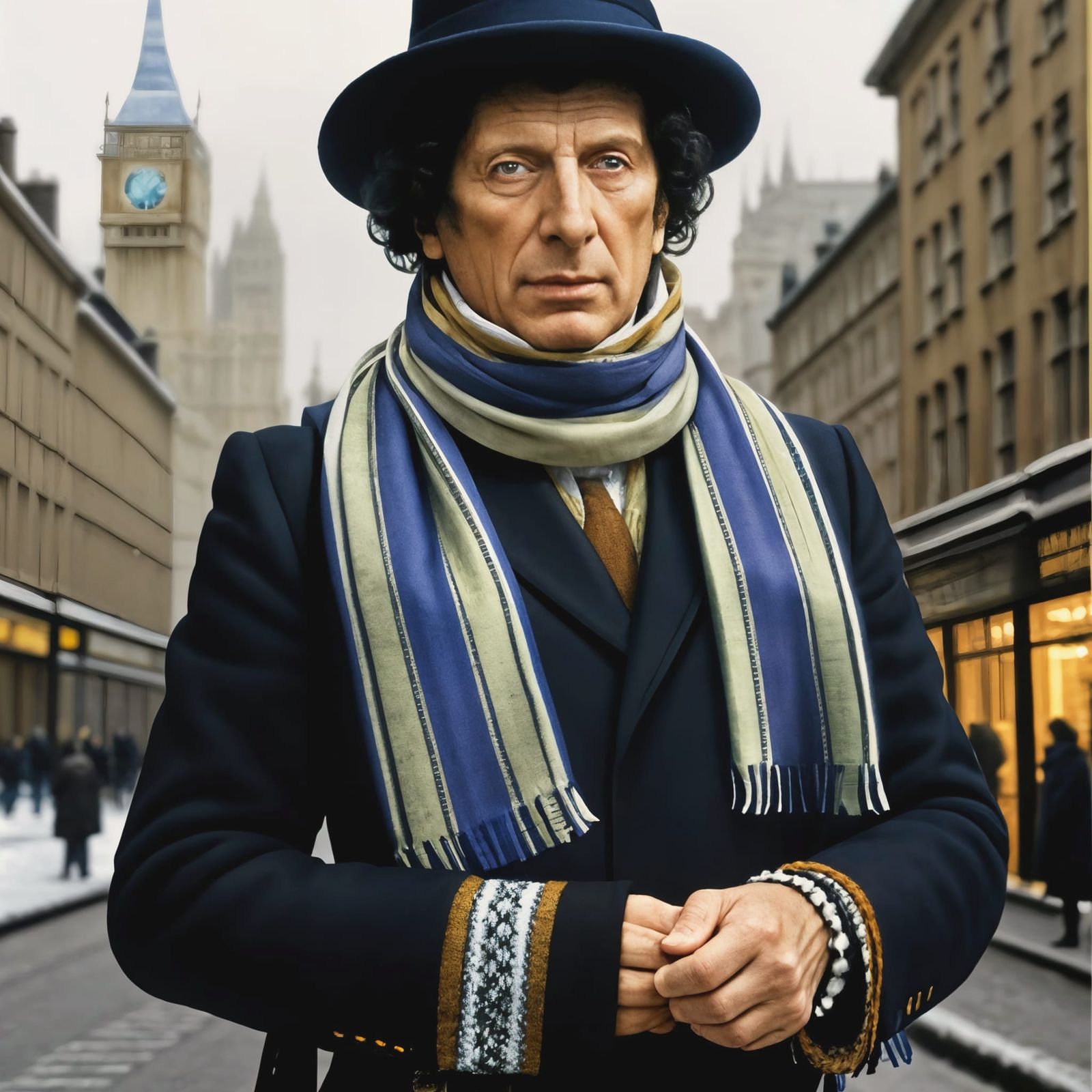 Doctor Who and TARDIS in City, Hyperrealist Style