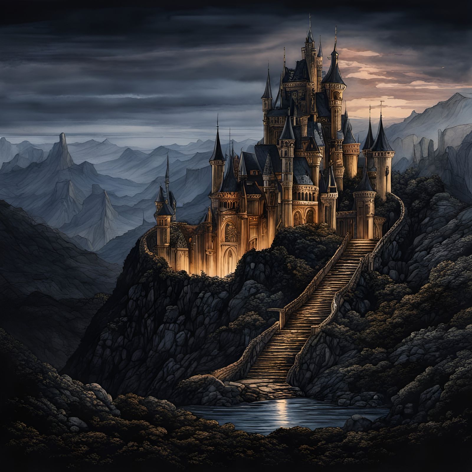 Intricate fantasy castle, long stairway