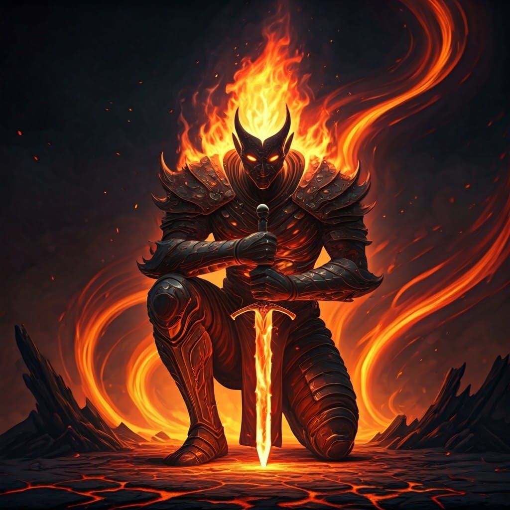 Flaming God Kneels in Reverence with Sword of Embers