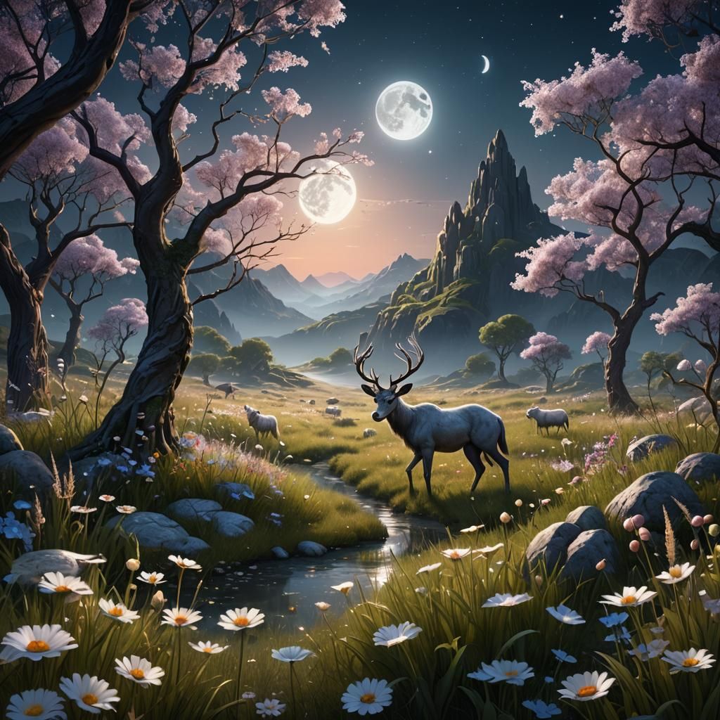 Mystical Lunar Meadow in Detailed Matte Painting Style