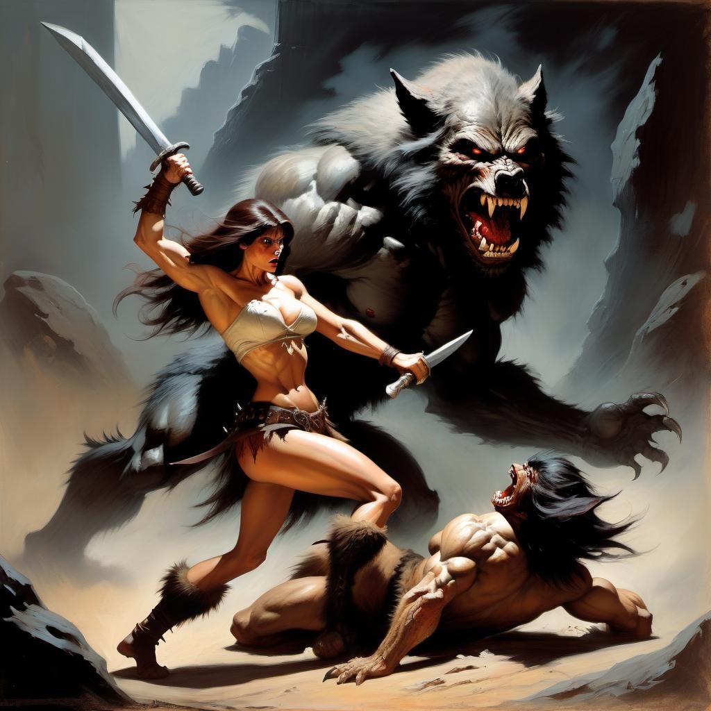 Barbarian Woman versus Werewolf in Action Scene