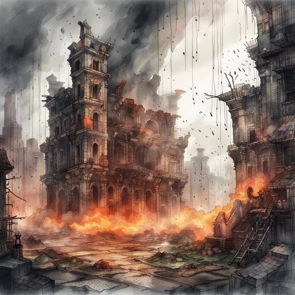 Burning Ruined City in Rain: Watercolor Fantasy