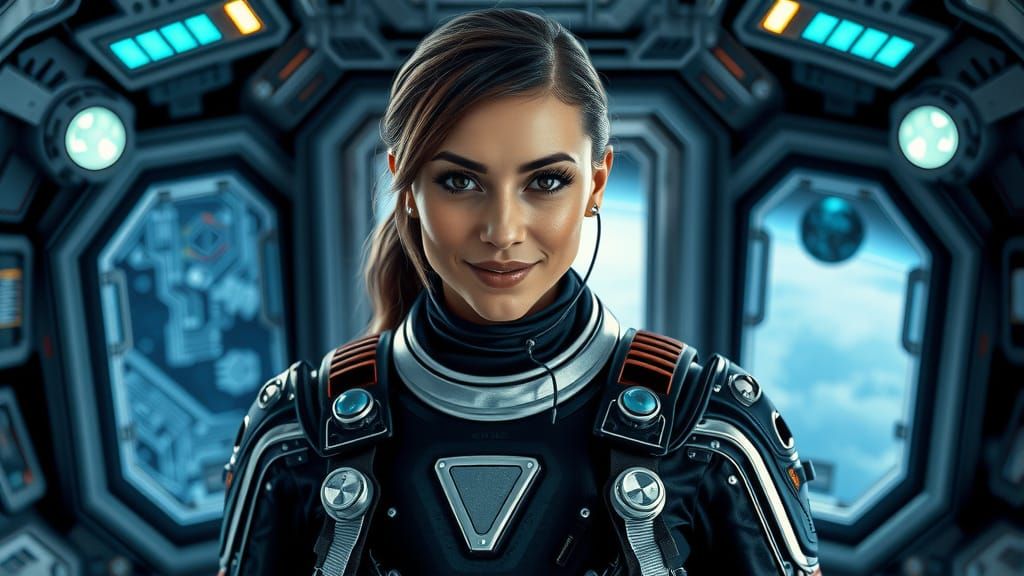 Cyborg Medic on Spaceship Bridge in Cinematic Style