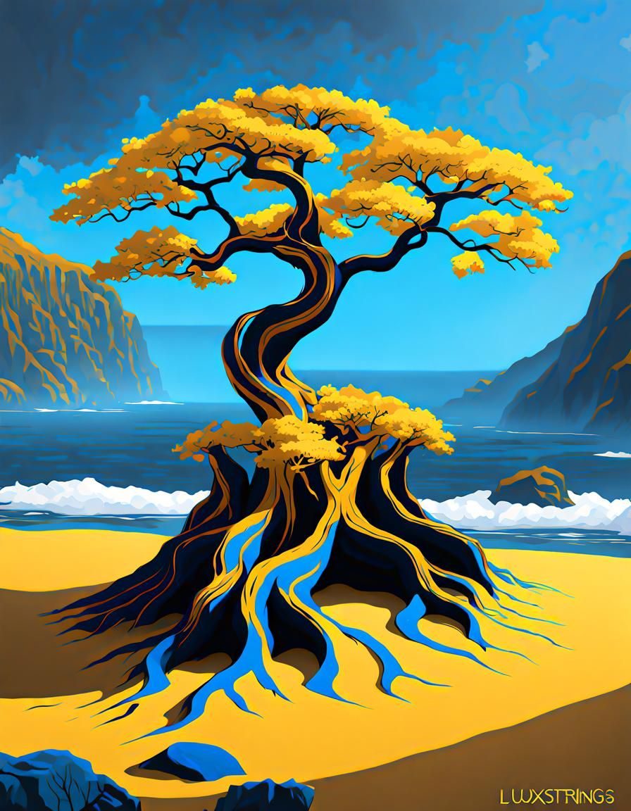 Surreal Celtic Tree Washed by Ocean Waves