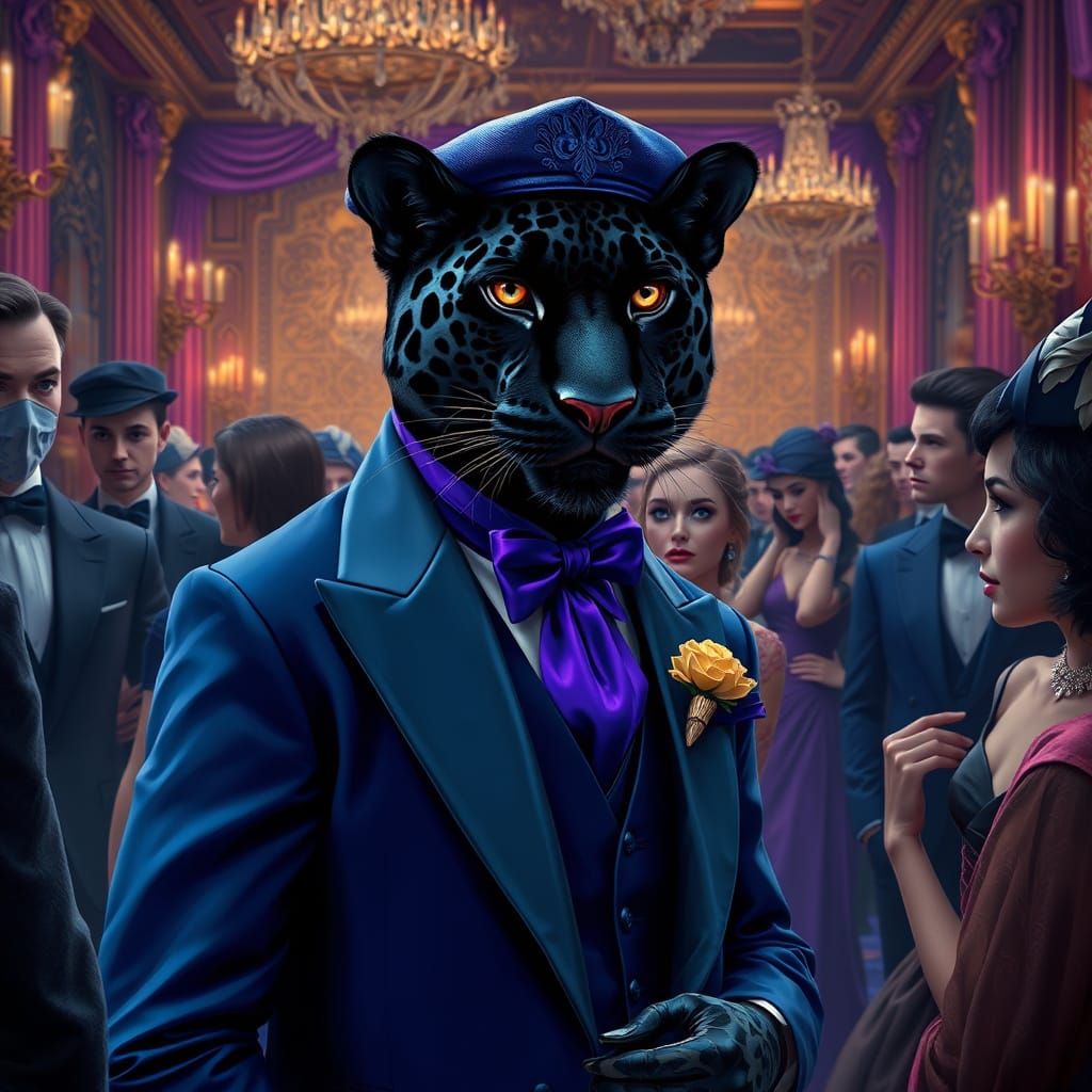 Black Jaguar in Blue Suit at Masquerade Ball