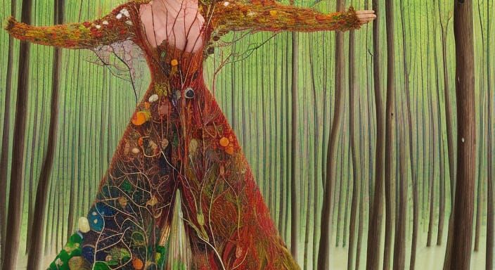 Sunset Human-Vine Hybrid in Forest, Digital Art