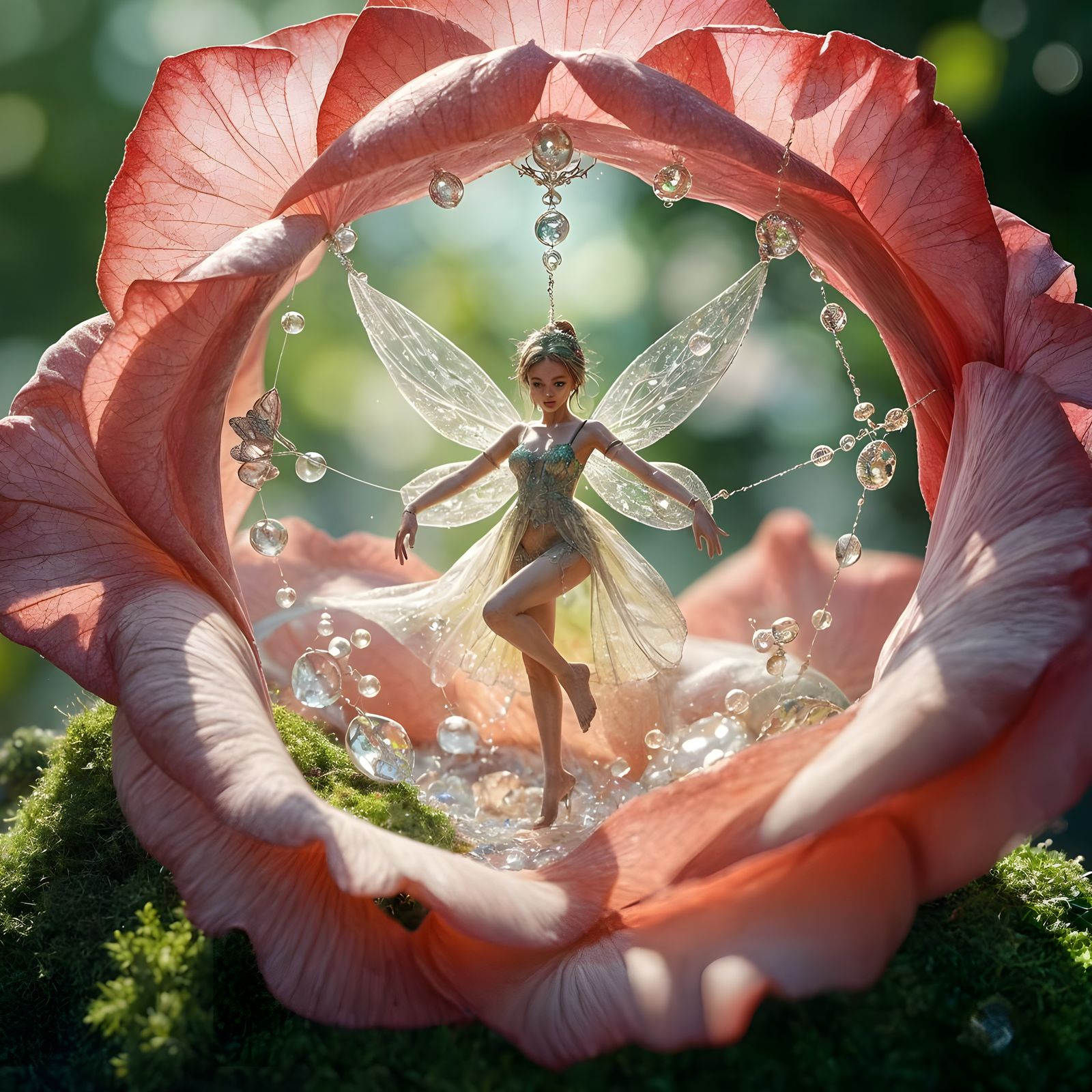 Dew-Kissed Web with Fairies in a Rose, 3D Fractal Art