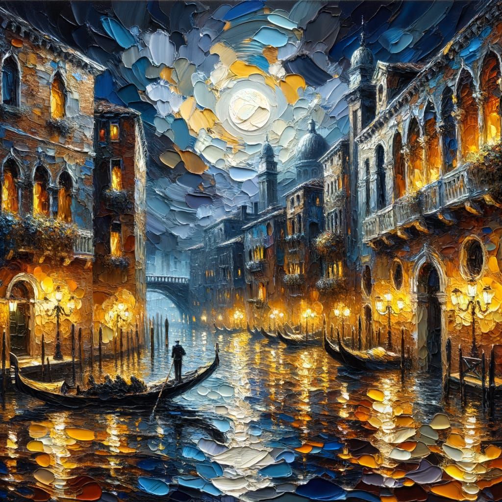 Impasto Oil Painting of Moonlit Venetian Canal at Midnight