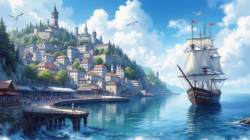 Serene Fantasy Harbour in Anime Ink Painting