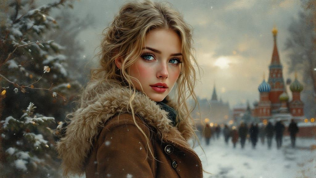 Winter Moscow Woman Poses Near Kremlin in Golden Dusk