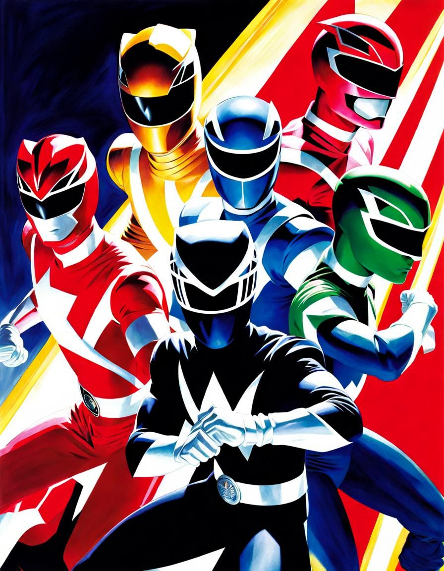 Dynamic Power Rangers in Painted Realism Style