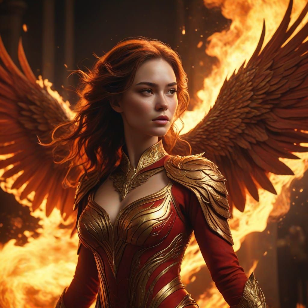 Woman Transforms into Fiery Phoenix in Dramatic Cinematic Ar...