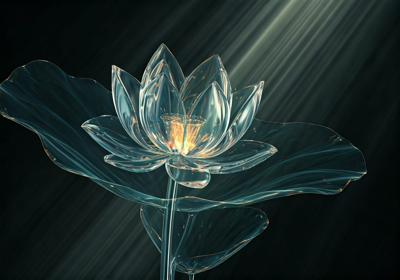 Intricate Glass Lotus Sculpture with Bioluminescent Details