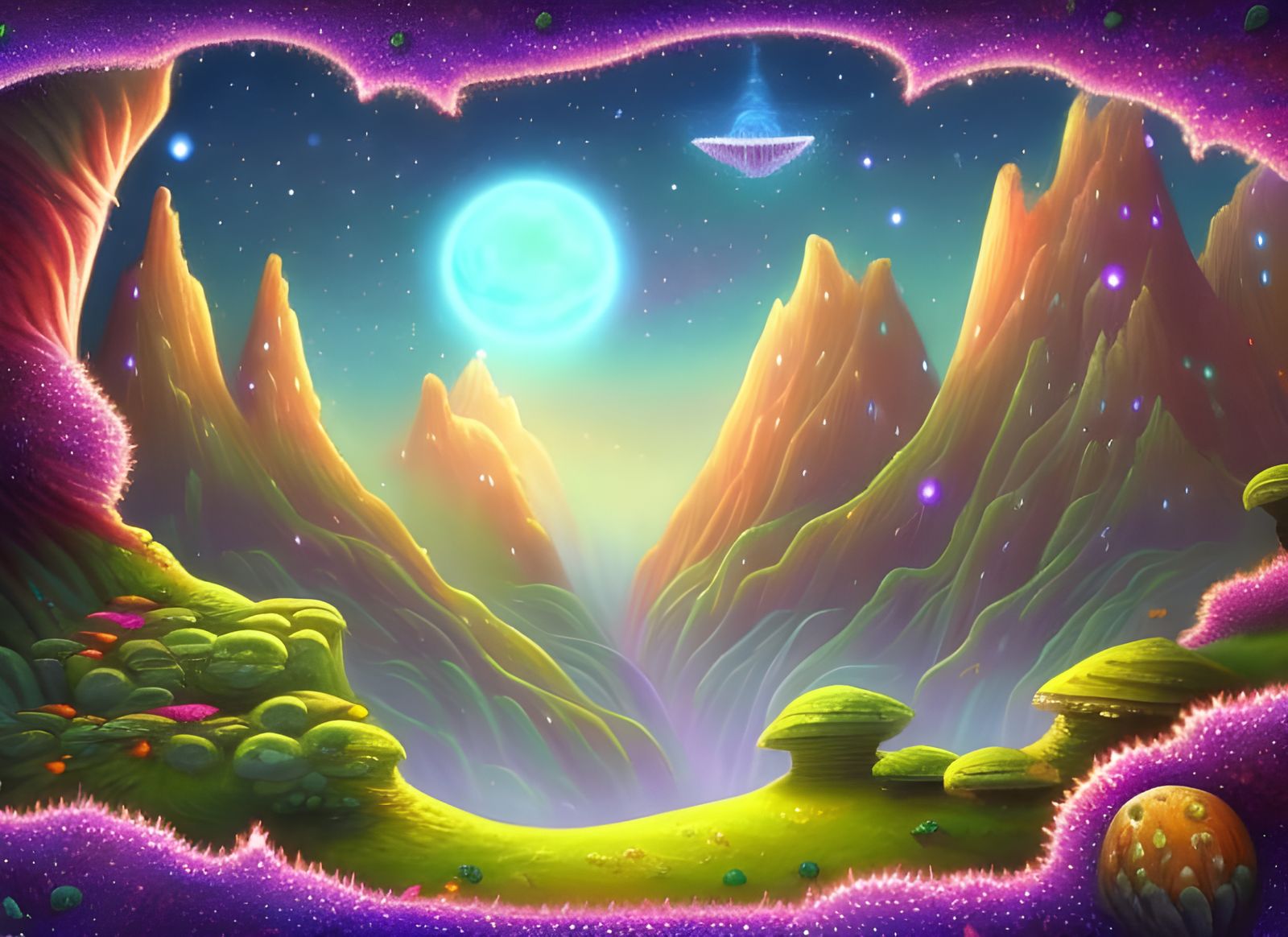 Bioluminescent Alien Landscape with Floating Crystals