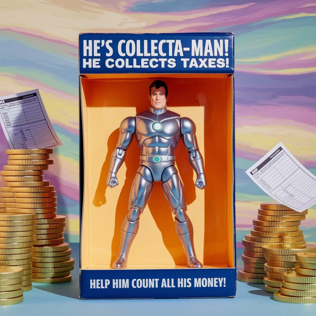 An overpowered tax collector action figure in the box. He wears a power suit. The packaging reads, "He's Collecta-Man! H...