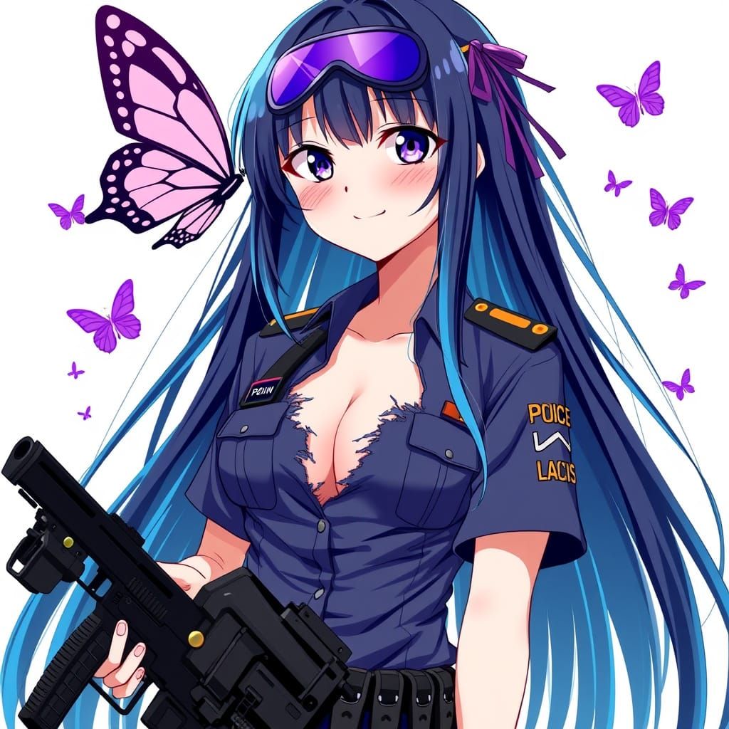 Anime Girl Ensnared by Vibrant Purple Butterfly in Cyberpunk...