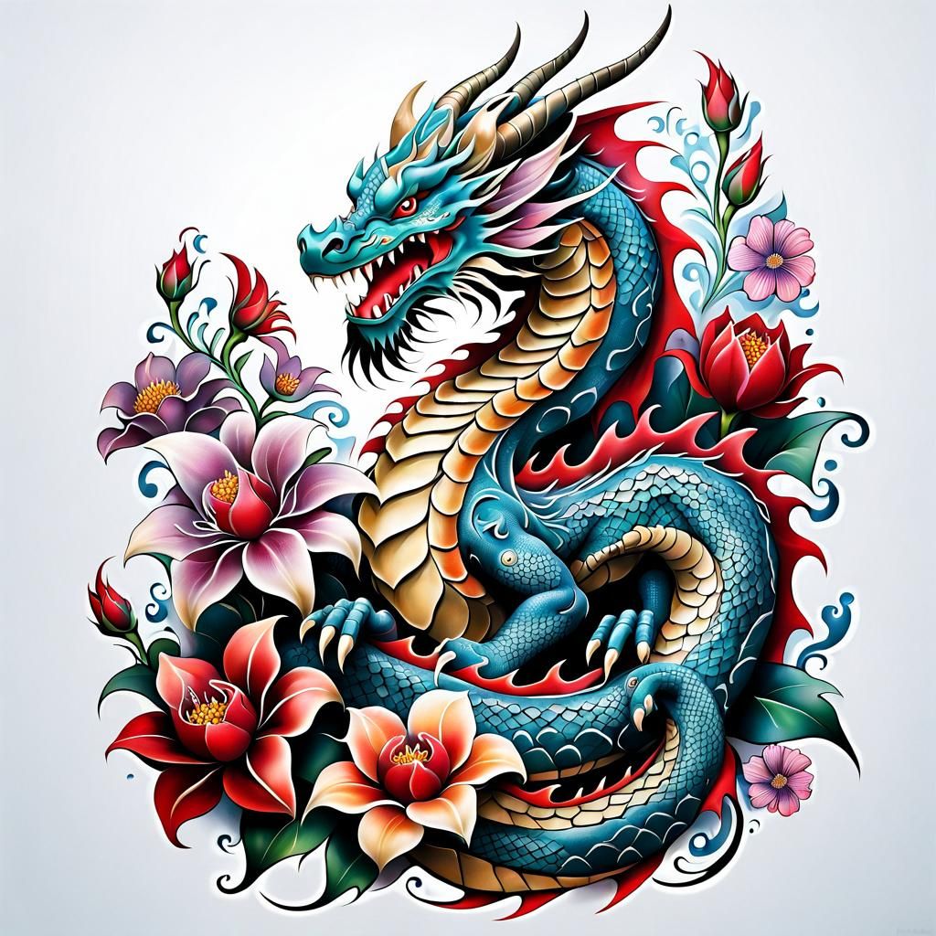 Dragon and Flowers Tattoo Design