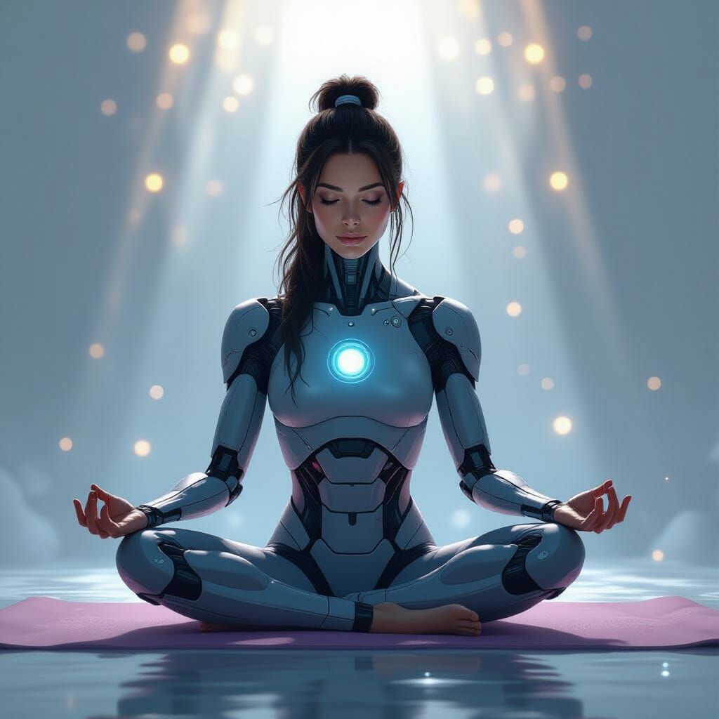 Cyborg in Yoga Pose with Ethereal Lighting