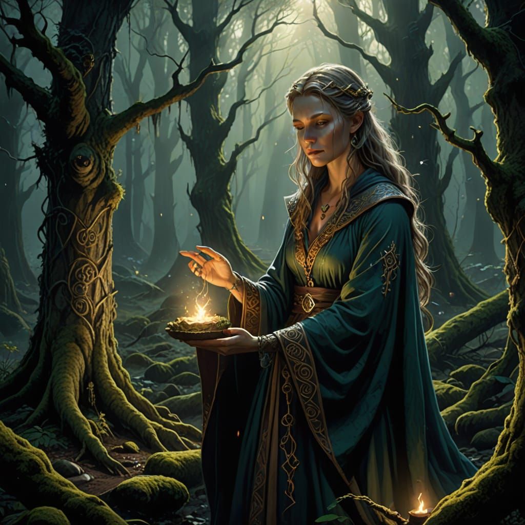 Female Sorceress Performing Ritual in Dark Forest