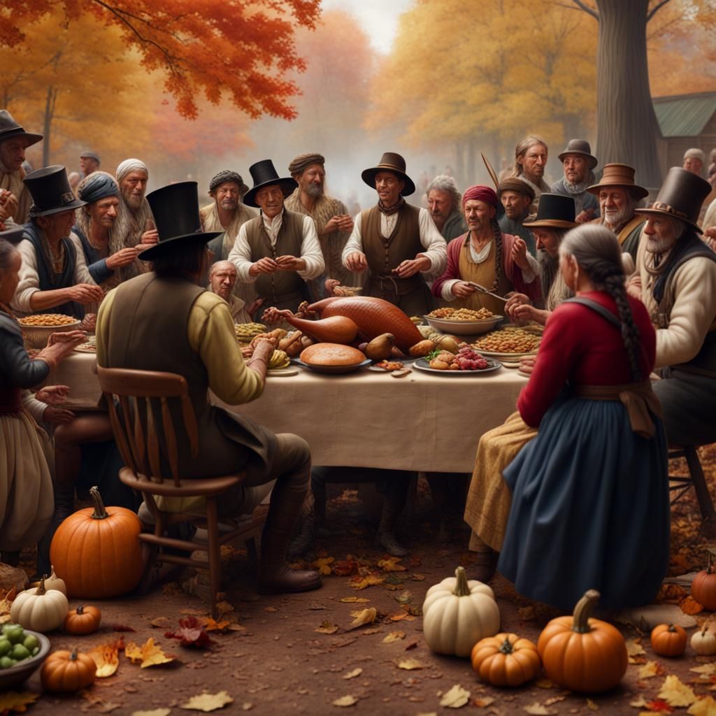 Pilgrims and Native Americans Share Thanksgiving Feast
