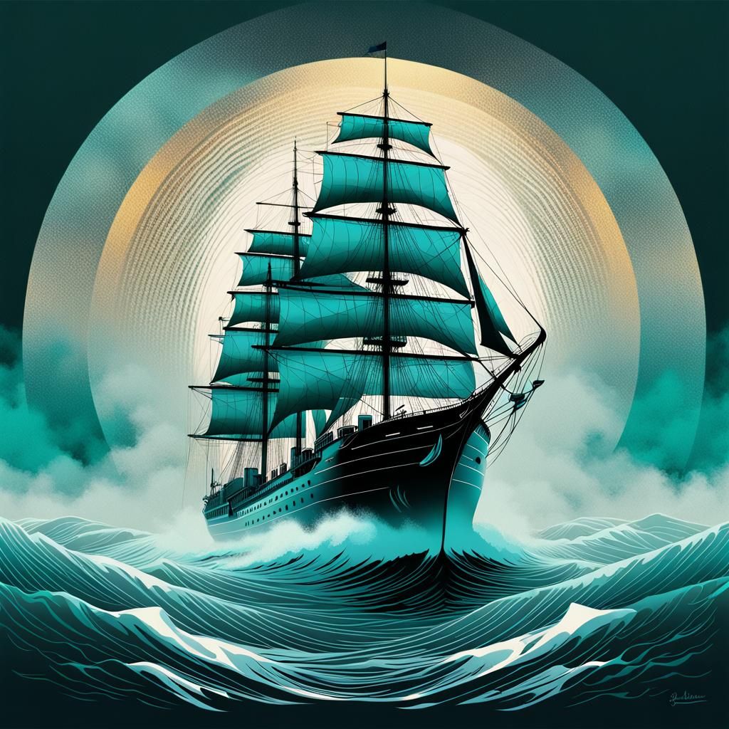 Majestic Ship Navigates Ethereal Seascape in Pop Art