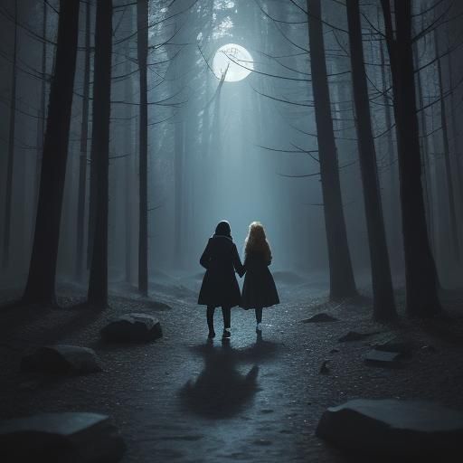 Scared Children in Moonlit Forest: A Cinematic Still