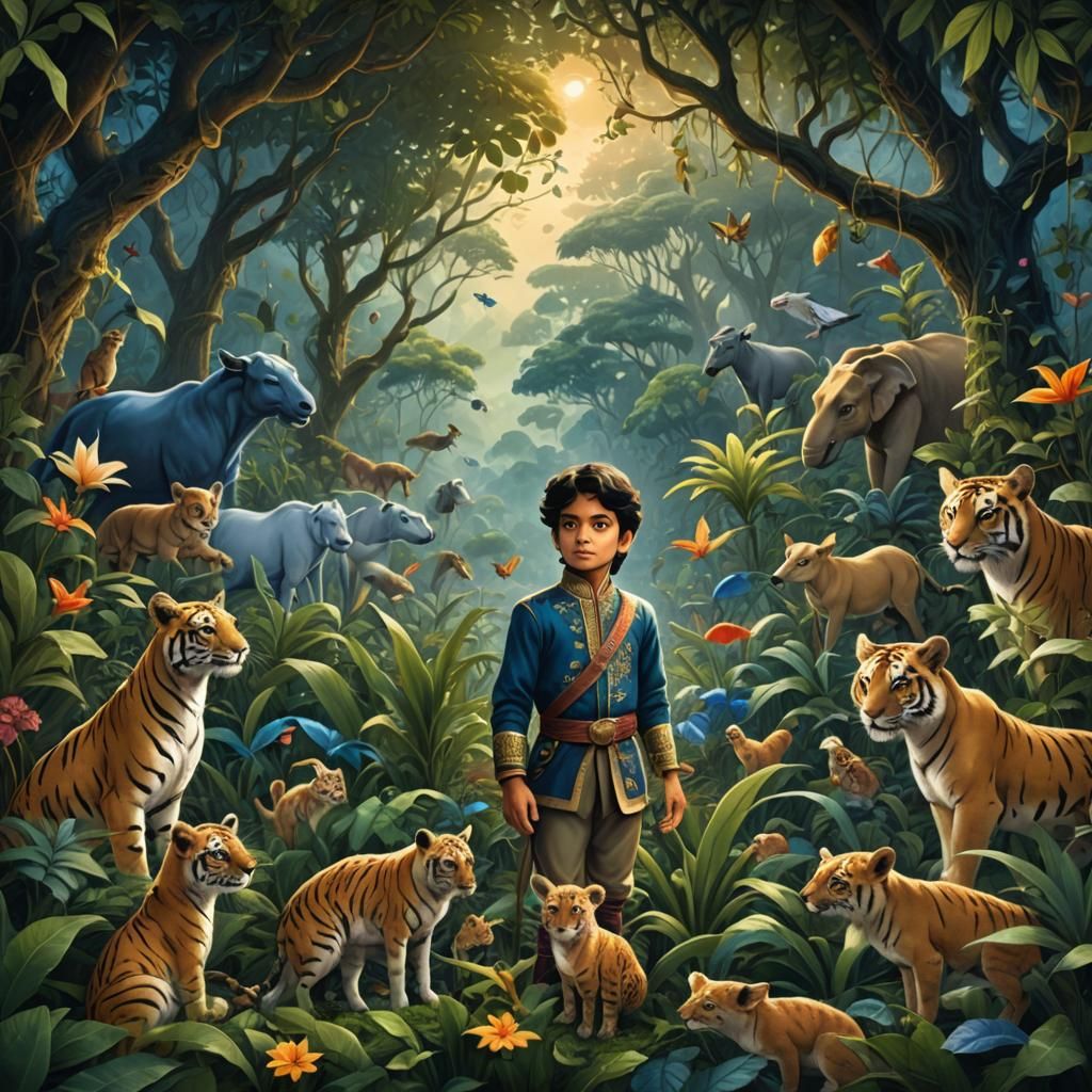 Indian Prince Surrounded by Animals in Jungle Setting