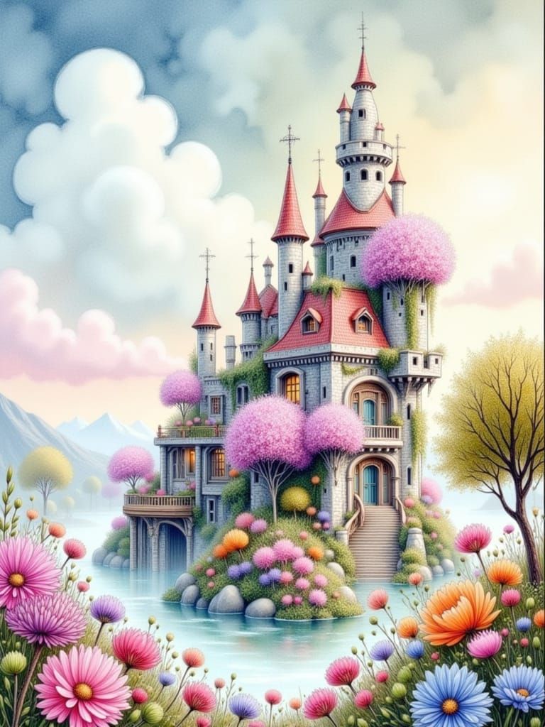 Dreamy Fairytale Castle Adorned with Flowers