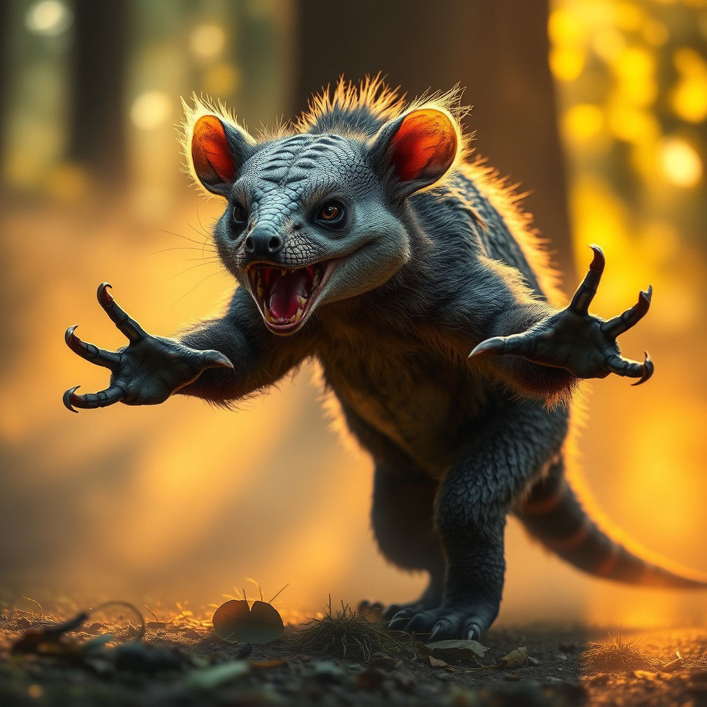 Fearsome Reptile-Bear-Opossum Hybrid in Misty Forest