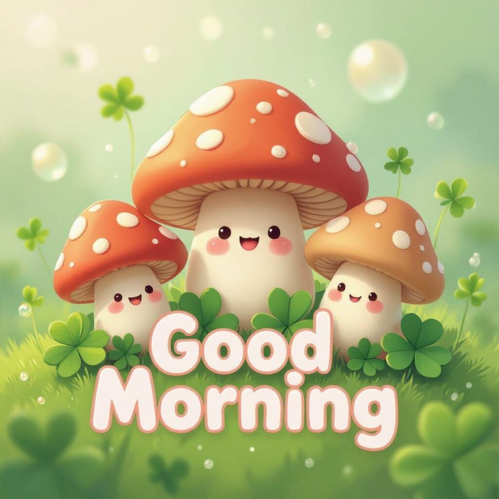 Kawaii Mushrooms with Clover Leaves and Dew Drops