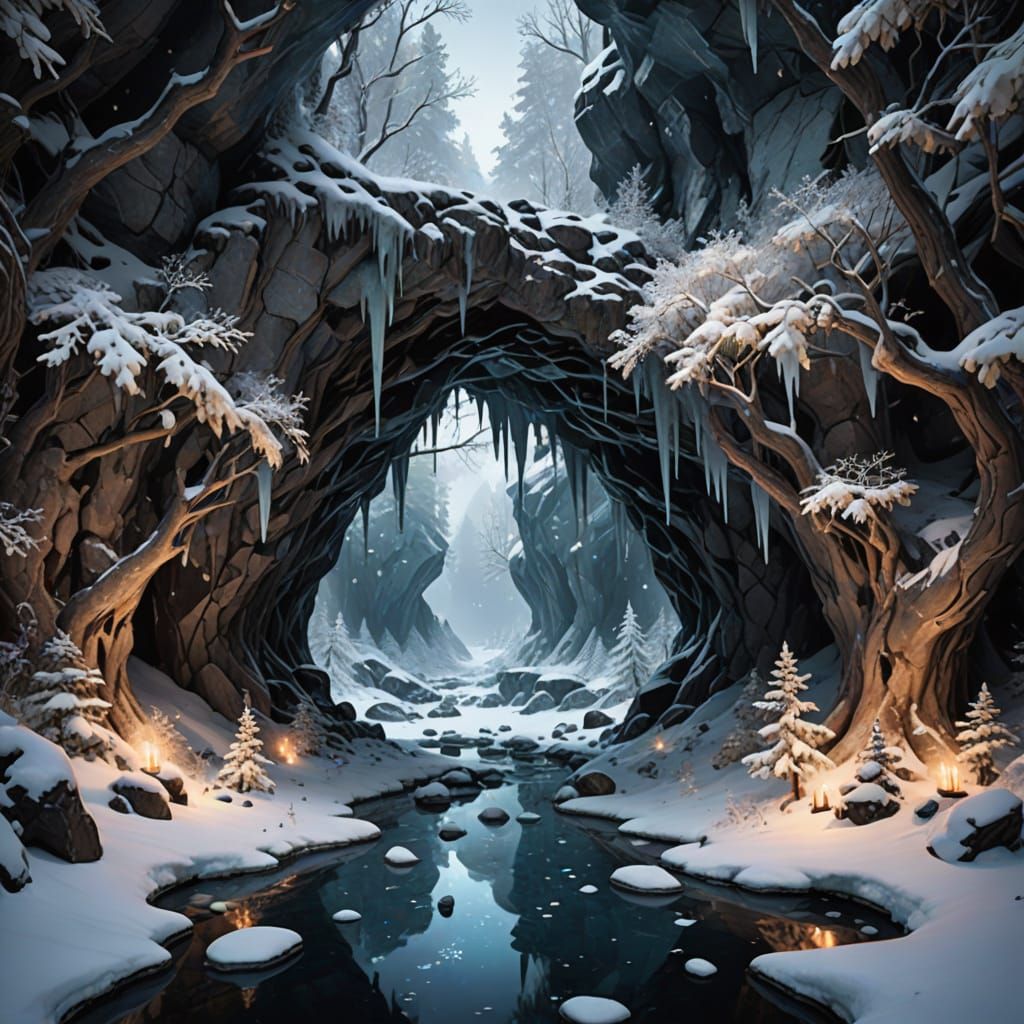 Snowy Forest in Ice Cave with Glowing Leaves