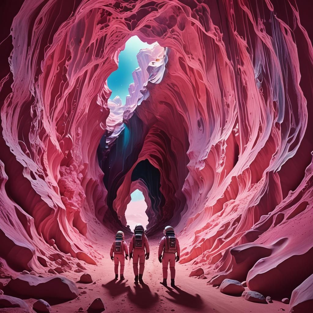 Astronauts Discover Gigantic Pink Cave in Surreal Style