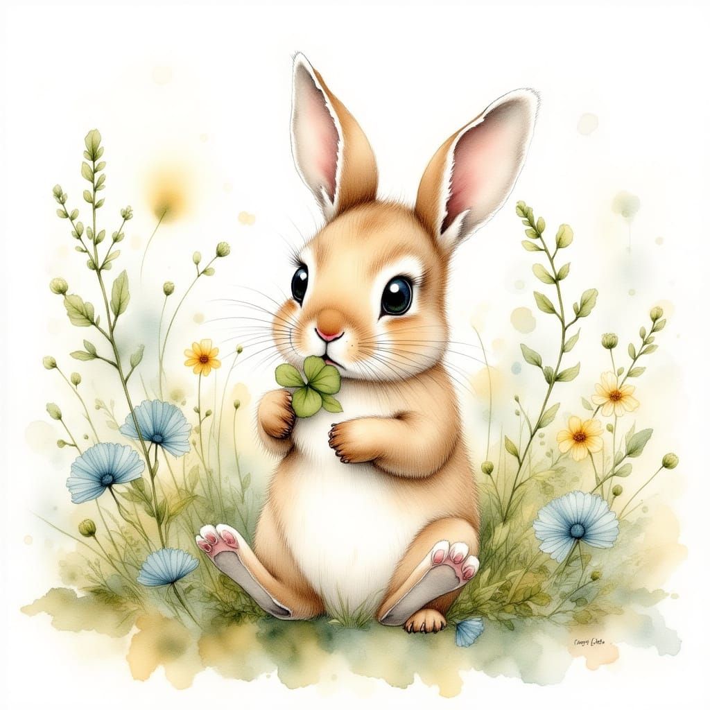 Charming Rabbit in Wildflower Field Watercolor Illustration