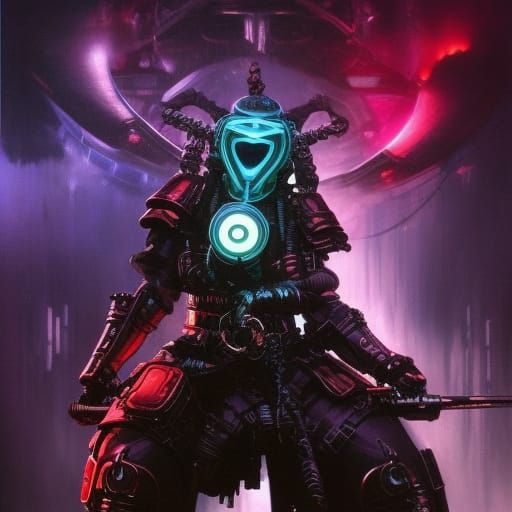 Bioluminescent Mech Samurai Warrior in Biopunk Style